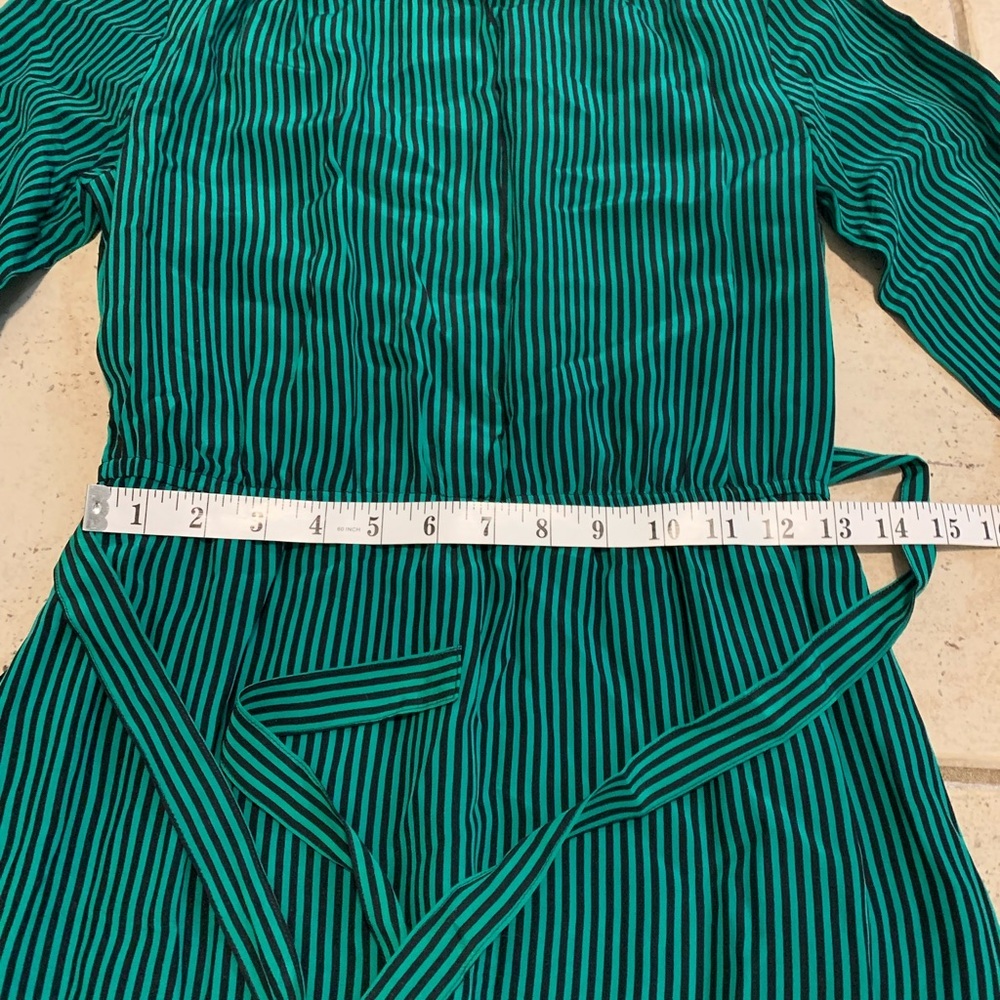 Vintage EATON 100% Silk Teal Black Striped Midi Dress Belted Button-Front Size 7 - Picture 6 of 7